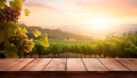 Empty wooden table with sunny vineyard background. Product montage. AI generatedの素材