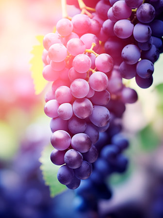Blue grape bunch close up, wine package background, design element with copy space, AI generatedの素材