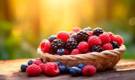 Fresh forest berries in sunny forest background with copy space, AI generatedの素材