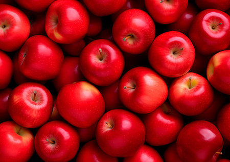 Red apple heap background, top view of apples, AI generatedの素材