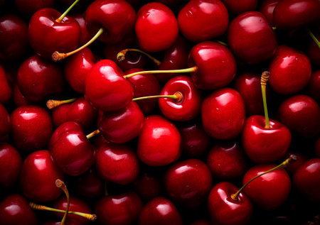 Heap of cherry, top view texture, berry background with copy space, AI generatedの素材