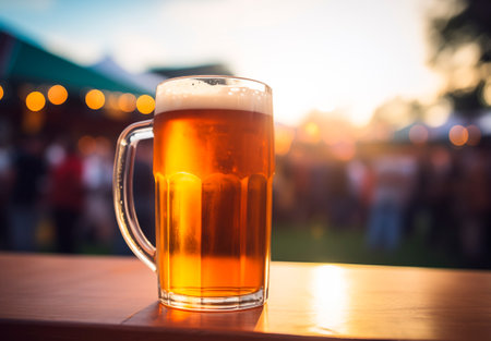 Beer glass on wooden table with copy space, music festival background, AI generatedの素材