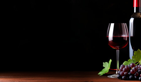 Red wine glass and bottle on wooden table with copy space, black background. Product display montage. AI generatedの素材
