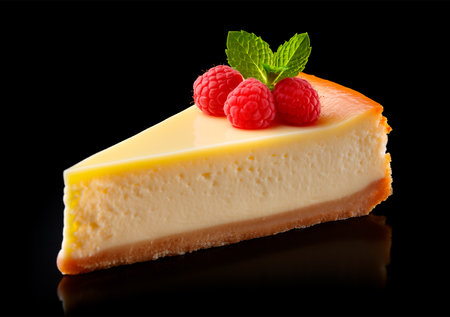 Classic cheesecake on black background, close up, AI generatedの素材