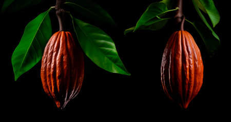Cocoa pod with leaves isolated on black background, AI generatedの素材
