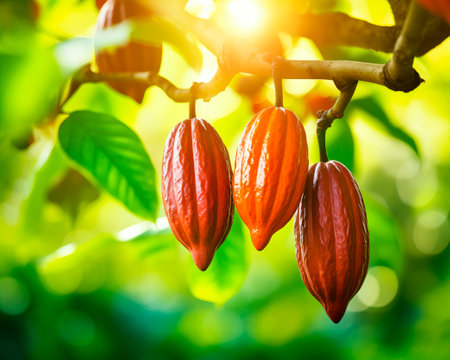 Cocoa pods on tree, jungle background with copy space, AI generatedの素材