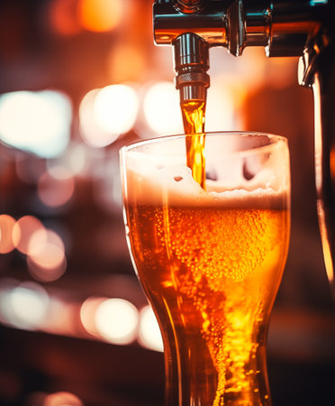 Close up of beer tap pouring a draught lager beer, blurred bar background, AI generatedの素材