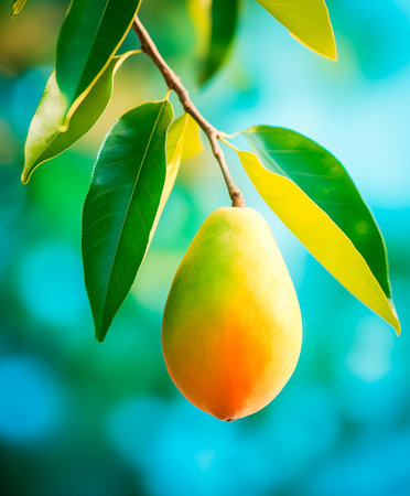 One mango on branch close-up, blue sky background with copy space, AI generatedの素材