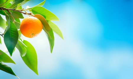 One lemon on branch close-up, blue sky background with copy space, AI generatedの素材