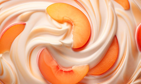 Yogurt with fresh peach slices, top view background, AI generatedの素材