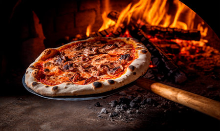 Italian pizza on long shovel, brick oven with open fire, background with copy space, AI generatedの素材