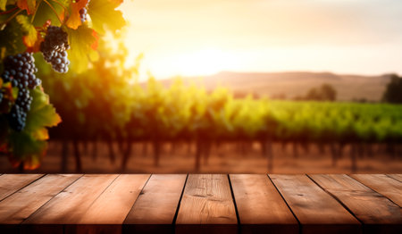 Empty wooden table with sunny vineyard background. Product montage. AI generatedの素材