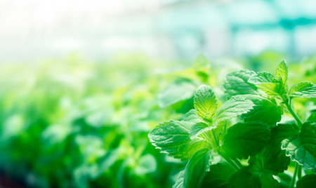 Close up of mint leaves, blurred greenhouse background with copy space, AI generatedの素材