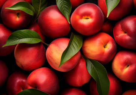 Heap of fresh ripe peaches with leaves, top view, fruit background with copy space, AI generatedの素材