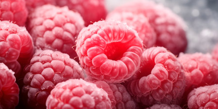 Frozen raspberries close up, berry background with copy space, AI generatedの素材