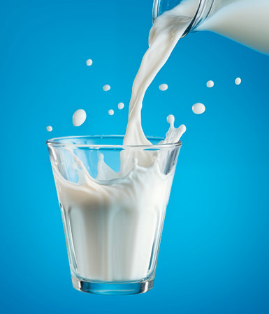 Milk pouring into glass with splash on blue background, AI generatedの素材