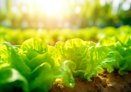 Growing lettuce leaves, farm field background, organic food concept, AI generatedの素材