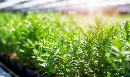 Close up of rosemary leaves, blurred greenhouse background with copy space, AI generatedの素材