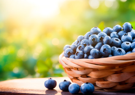 Basket of blueberries in forest background with copy space, AI generatedの素材