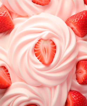 Strawberry yogurt with fresh berries, top view background, AI generatedの素材