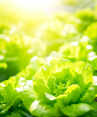 Growing lettuce leaves, farm field background, organic food concept, AI generatedの素材