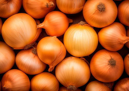 Heap of onion, top view, vegetable background with copy space, AI generatedの素材