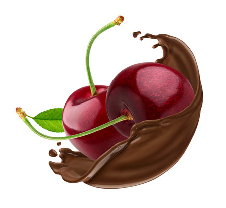 Cherry falling into chocolate splash isolated on white backgroundの写真素材