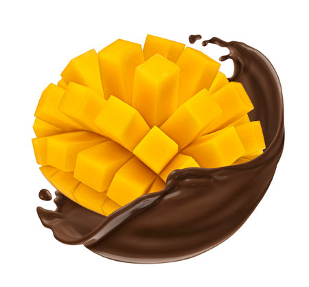 Mango falling into chocolate splash isolated on white backgroundの写真素材