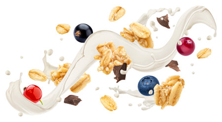 Falling granola with milk splash and berries isolated on white backgroundの写真素材