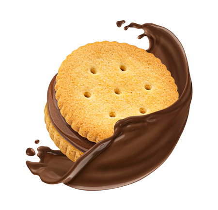 Sandwich cookie with chocolate splash isolated on white backgroundの写真素材