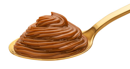 Caramel cream, boiled condensed milk swirl in spoon isolated on white backgroundの写真素材