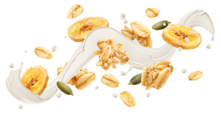 Falling granola with milk splash and dried banana slices isolated on white backgroundの写真素材