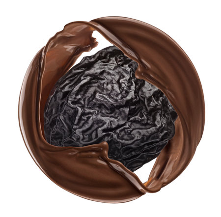 Prune with chocolate splash isolated on white background, dried plum candyの写真素材