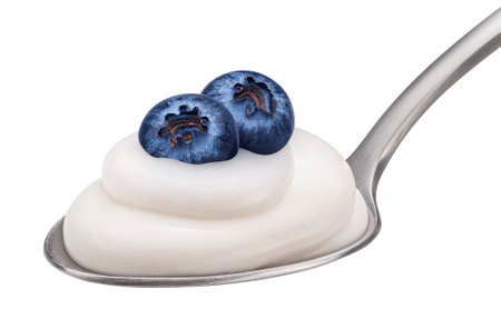 Spoon of yogurt and blueberry isolated on white backgroundの写真素材