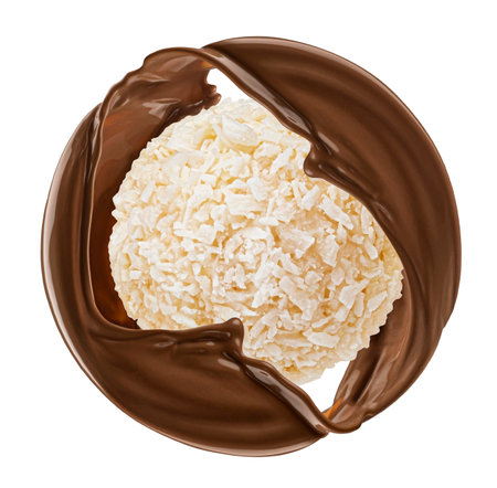 Coconut candy with chocolate splash isolated on white backgroundの写真素材