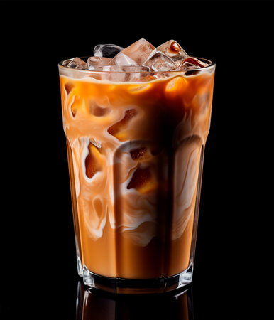 Glass of ice coffee on black background, AI generatedの素材