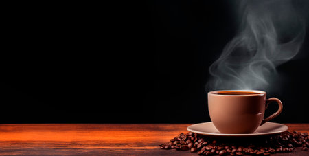Cup of hot coffee on dark wooden table over black background with copy space, AI generatedの素材