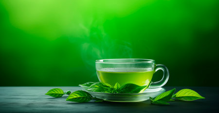 Glass mug with green tea, copy space, AI generatedの素材