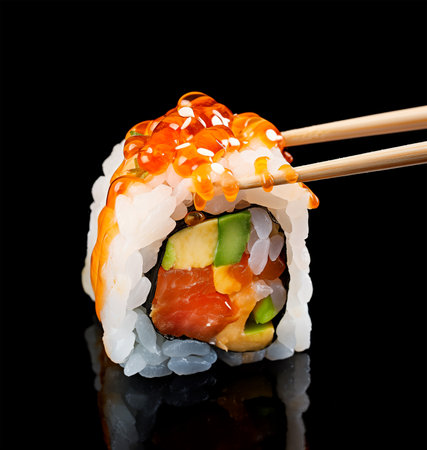 One sushi roll with salmon, black background. AI generatedの素材