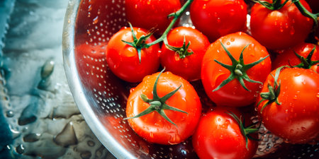 Fresh cherry tomatoes, top view with copy space, AI generatedの素材