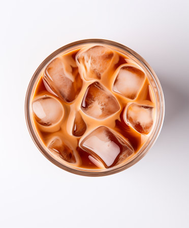 Glass of ice coffee on white background, top view, AI generatedの素材
