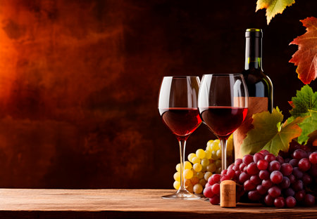 Two glasses and wine bottle on wooden table with copy space. AI generatedの素材