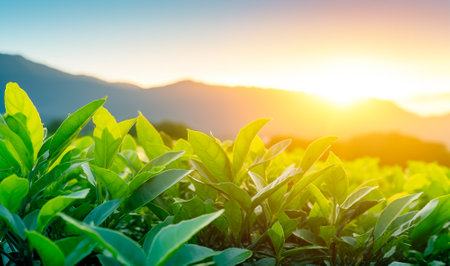 Tea plantation at sunrise time, beautiful landscape background. AI generatedの素材