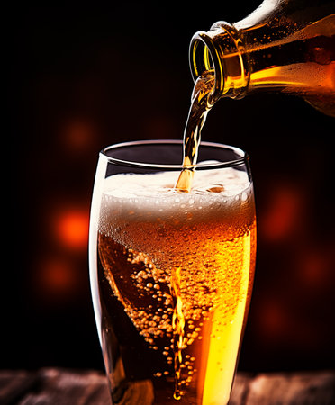 Close up of pouring beer, blurred bar background, AI generatedの素材