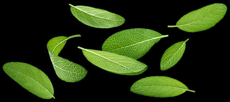 Sage leaves isolated on black background, salvia officinalis herb