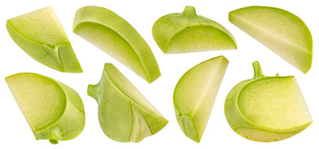 Kohlrabi cabbage slices isolated on white backgroundの写真素材