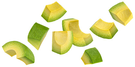 Falling avocado slices isolated on white backgroundの写真素材