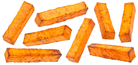 Baked sweet potato sticks isolated on white backgroundの写真素材
