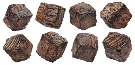 Grilled beef cubes isolated on white backgroundの写真素材