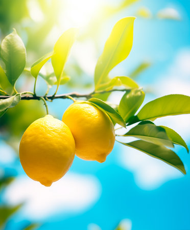 Lemons on branch close-up, blue sky background with copy space, AI generatedの素材